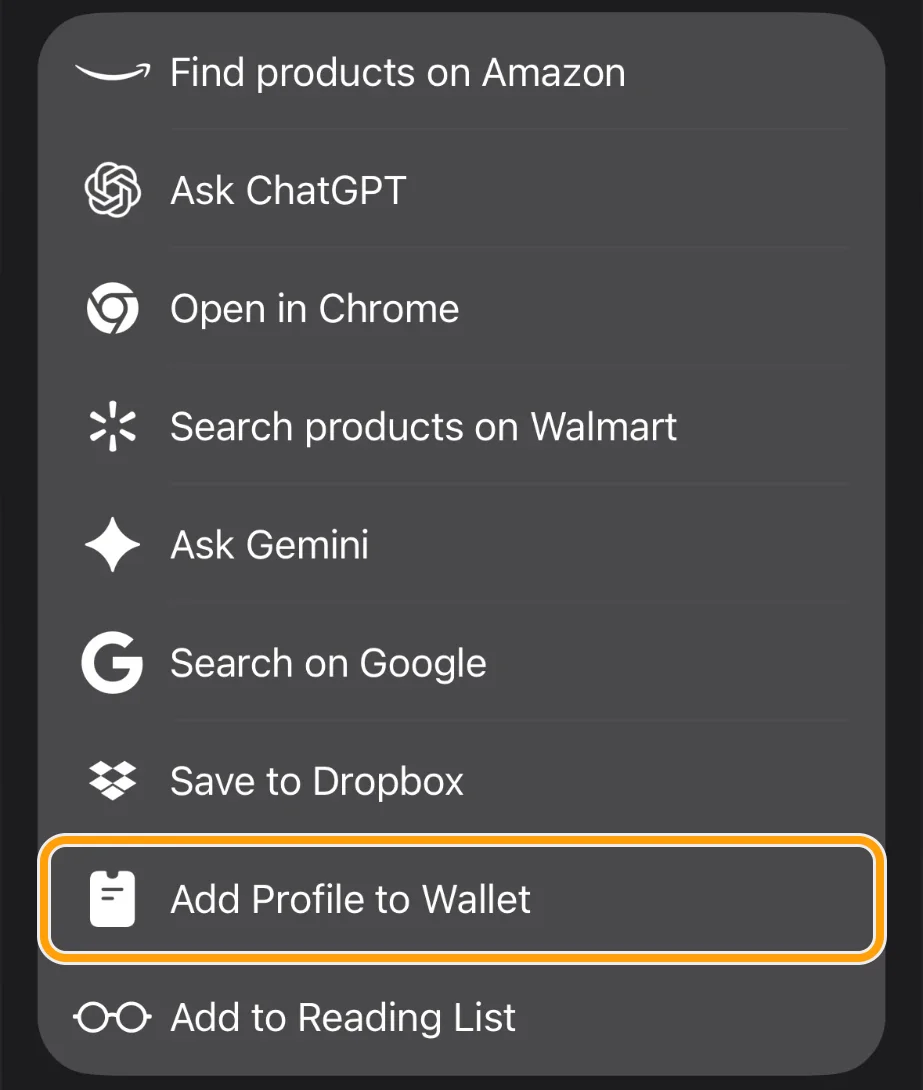 Share sheet with Add Profile to Wallet highlighted