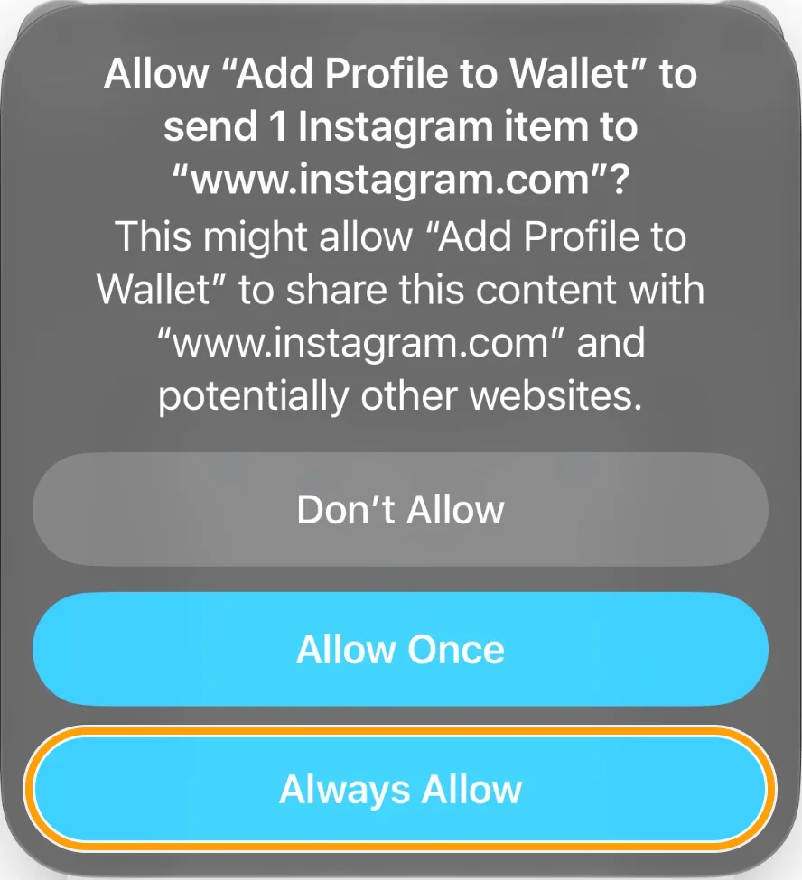 Permission to send to instagram.com, Always Allow highlighted