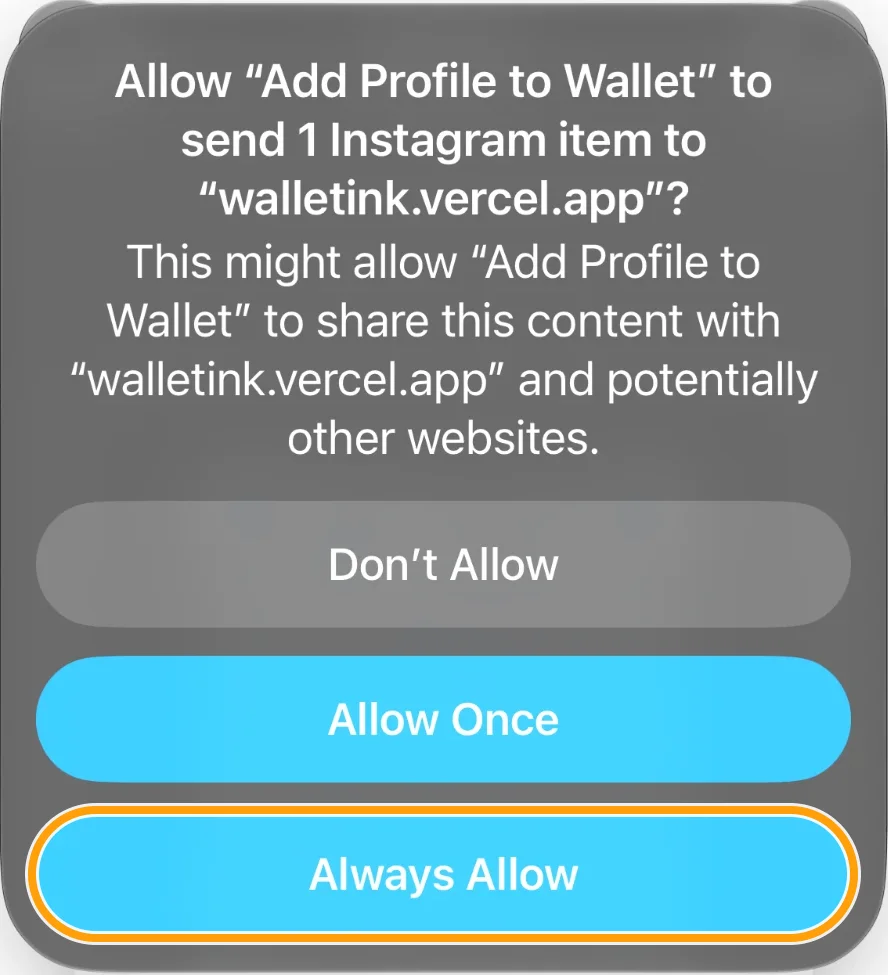 Permission to send to walletink.vercel.app, Always Allow highlighted