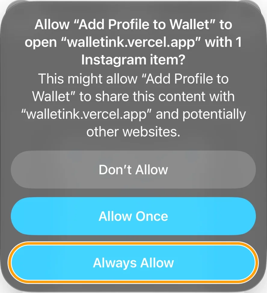 Permission to open walletink.vercel.app, Always Allow highlighted