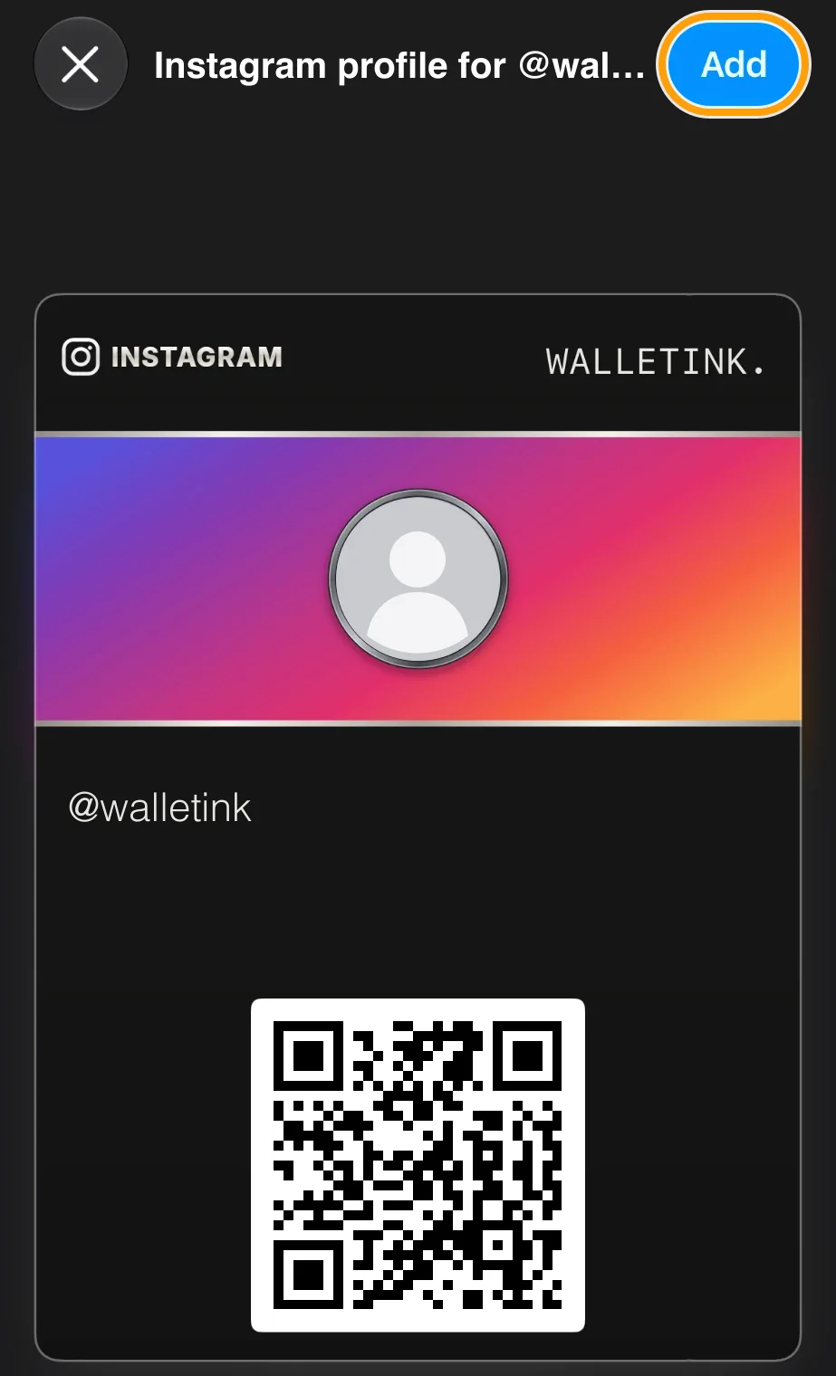 Walletink Instagram pass with the Add button highlighted